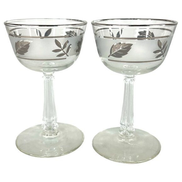 6 Vintage Libbey Silver Leaf Champagne Glasses Cocktail Barware Goblet 5 IN  Set - Picture 2 of 6